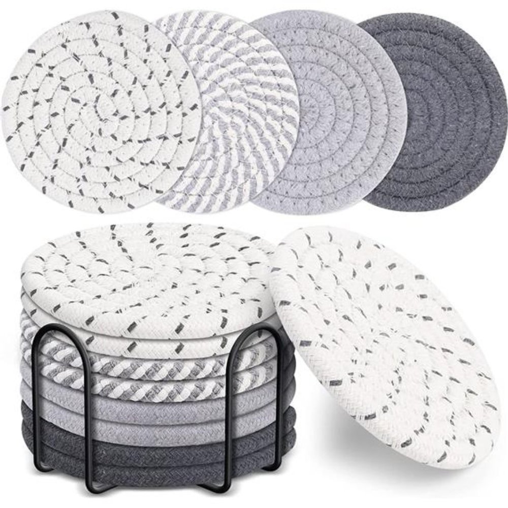 8 Pcs Drink Coasters with Holder, 4 Colors Absorbent Coasters for Drinks